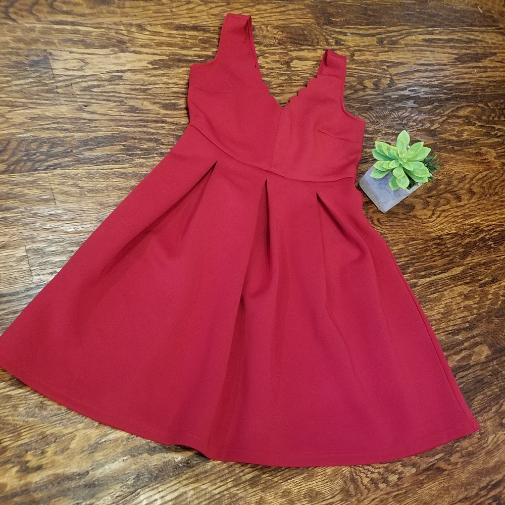 She and Sky Red Scalloped Plunge Dress